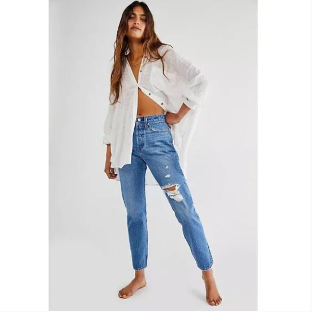 Levi's Blue Ripped High-Rise Straight Jeans